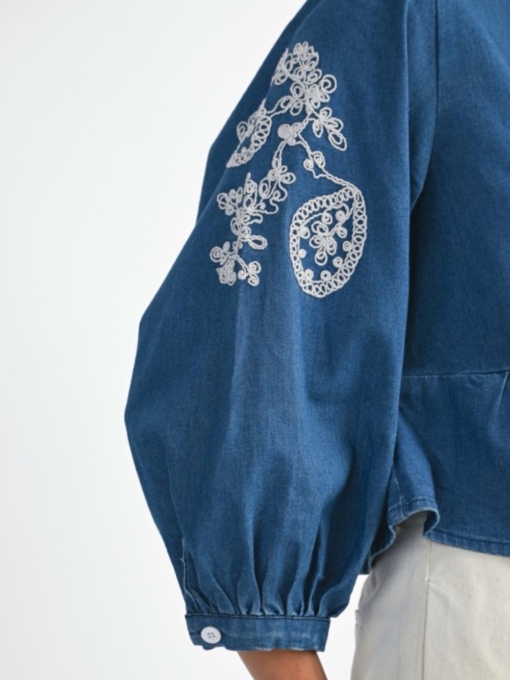 A380. Embroidered V-Neck Peplum Top - Blue - Picture 5 of 8